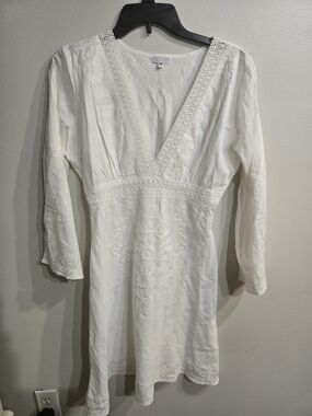 Debbie Katz White Long Sleeve Embroidered V-Neck Dress Sz M 100% Cotton